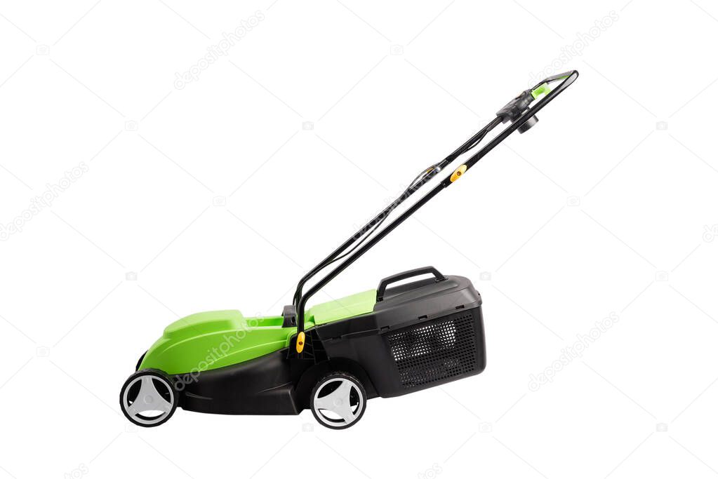 Cutting grass gardening tool, new lawn mower machine at studio isolated white background for cut out