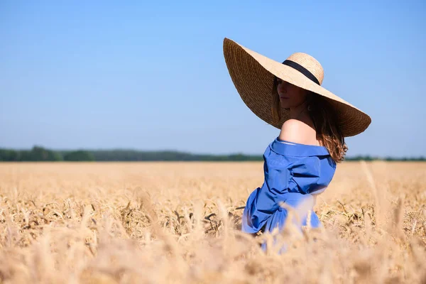 Romantic young girl hide face under wide brim hat, wearing blue dress, stay in wheat field, natural colors and lifestyle