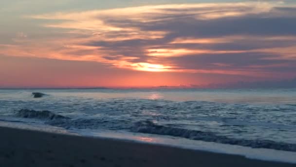 Låg vinkel utsikt över solnedgången havet stranden — Stockvideo