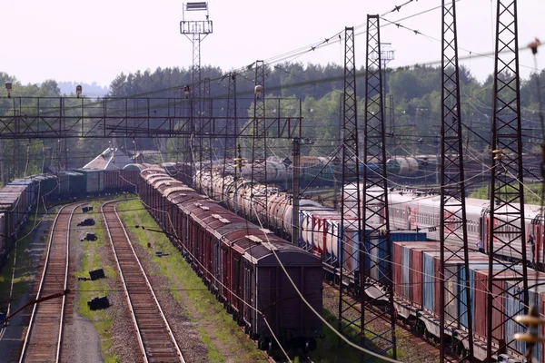 Railroad tracks met treinen met stortbakken — Stockfoto