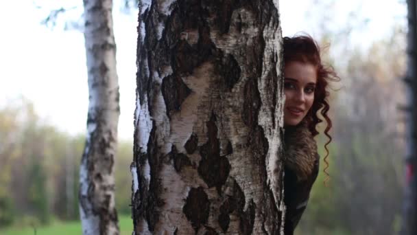 Bella donna felice sembra di betulla nella foresta autunnale — Video Stock