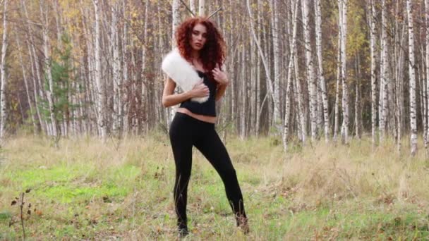Mujer joven y bonita posa en el bosque de otoño en un día soleado — Vídeos de Stock