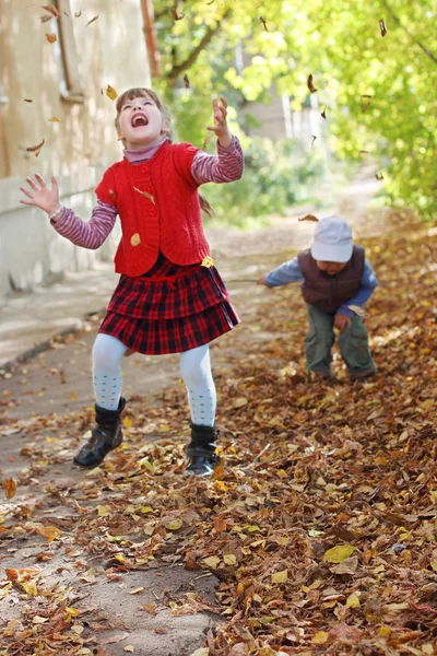 Bambina in gilet vomita foglie in autunno giorno, ragazzo fuori di f — Foto Stock