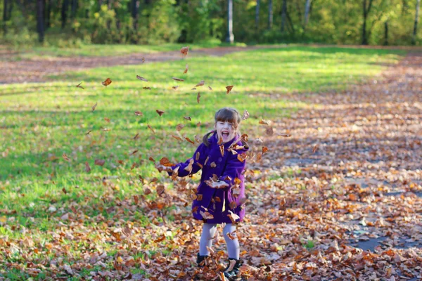 Liten skrattande flicka i pälsen kastar upp Bladen i höstens soliga da — Stockfoto