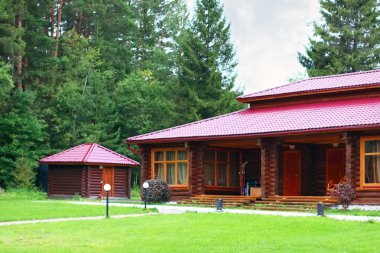 Glade ile ormanda ahşap büyük ev önünde yeşil çimen
