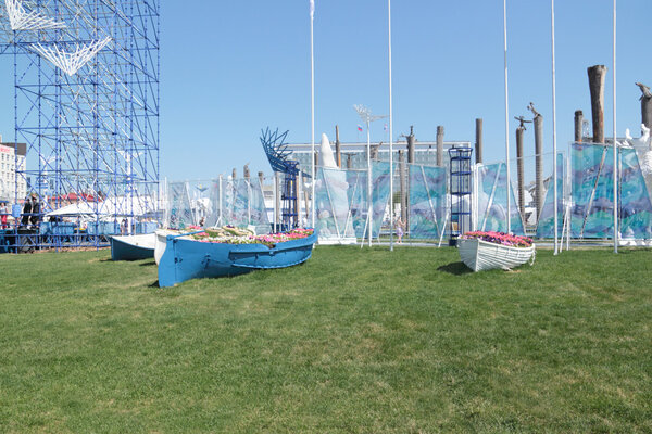 PERM, RUSSIA - JUN 11, 2013: Stylized flowerbed in form of boats