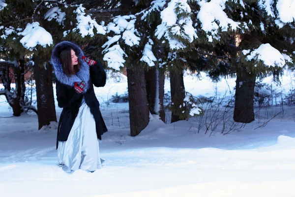 Belle fille en manteau de fourrure se tient sous les grands épinettes neigeuses dans la victoire — Photo