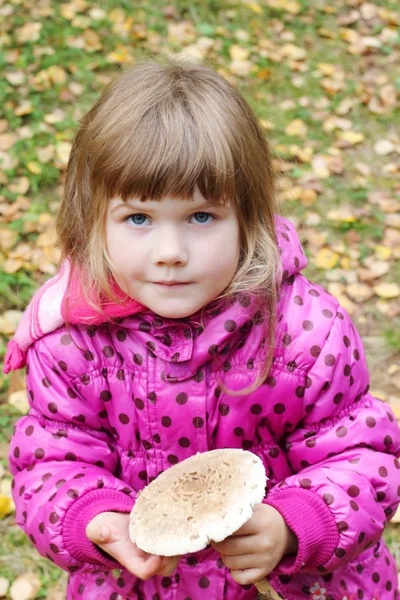 Little beautiful girl in pink holds mushroom and looks at acmera — Stock Photo, Image