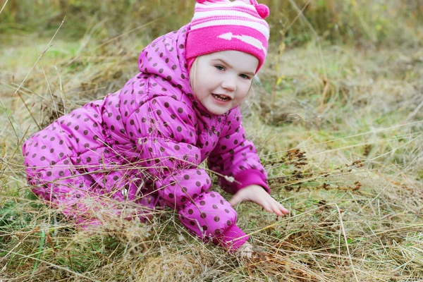 Liten glad flicka i rosa spelar i torrt gräs på höstdag — Stockfoto