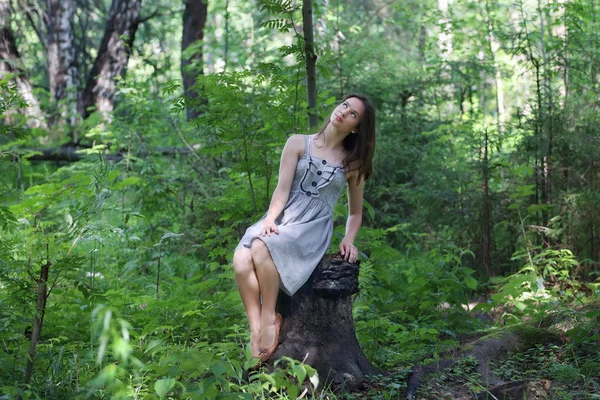 Menina bonita no vestido sentado no toco na floresta e olhando u — Fotografia de Stock