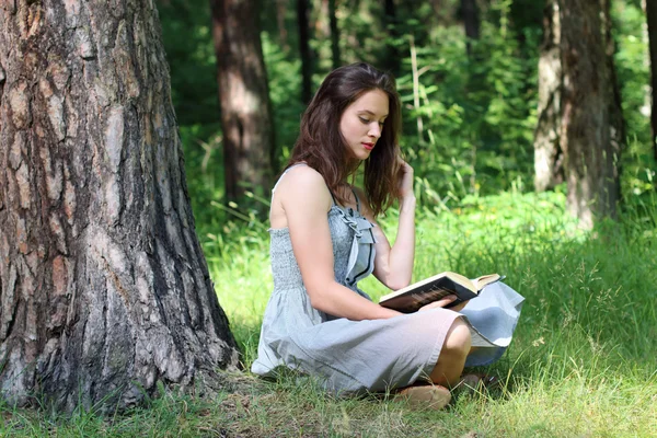 Beautiful girl in dress sitting under tree on grass and reading — Stock Photo, Image