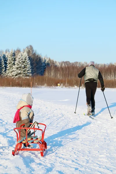 Liten pojke i varm overall med släde ser på skidåkare nära skogen — Stockfoto