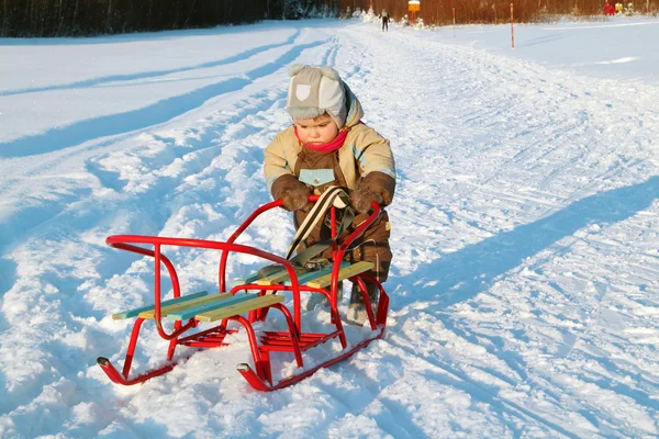Little boy in warm jumpsuit pushes sled near forest at winter su — Stock Photo, Image