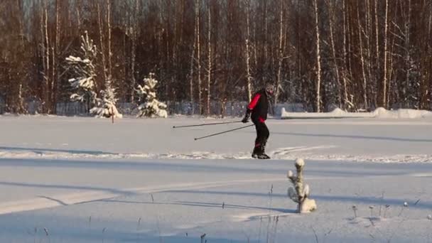 Skiër in sportkleding en masker ritten op de rails in winterdag — Stockvideo