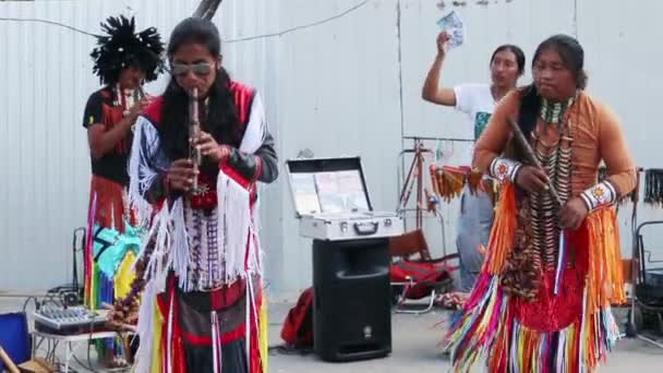 ペルミ、ロシア - 2014年6月21日:カムエンド・ウアンブラクナ・インディアン・バンドがストリートパームで演奏、 ロシア - 2014年6月21日:カムエンド・ウアンブラクナ・インディアン・バンドがストリートで演奏 — ストック動画