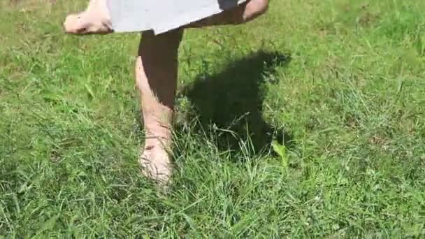 Barefoot slanke benen van jonge vrouw lopen in hoog gras's zomer — Stockvideo