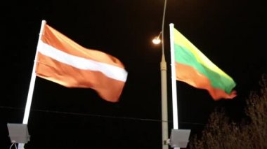 Avusturya ve Litvanya bayrakları karanlık gecede rüzgaraydınlatma ile