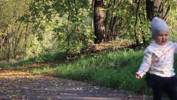 Досить маленька дівчинка з повітряною кулею йде по дорозі в осінній день — стокове відео