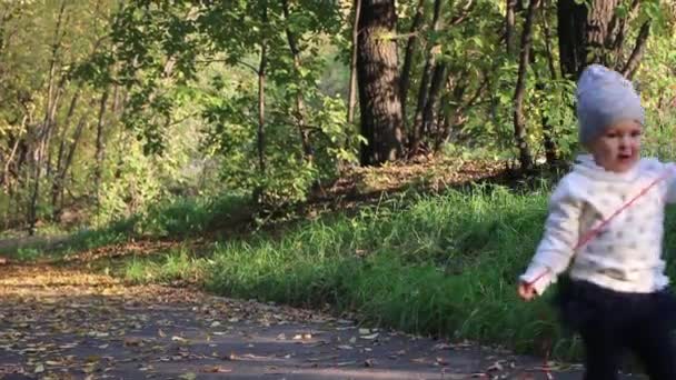 Jolie petite fille avec ballon va sur le chemin le jour d'automne — Video