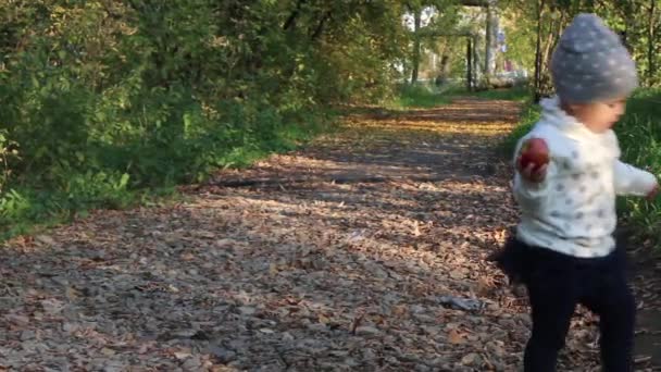 Jolie petite fille avec pomme va sur le chemin au jour d'automne 