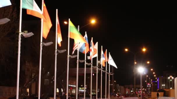 Muchas banderas de diferentes países en el viento en la noche de invierno en la ciudad — Vídeo de stock