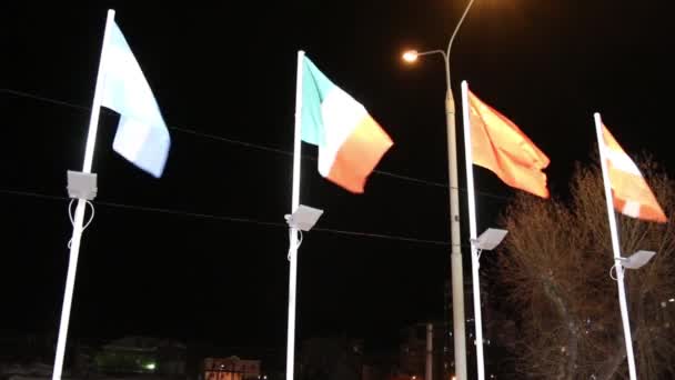 Four flags of different countries on wind at dark night — Stock Video