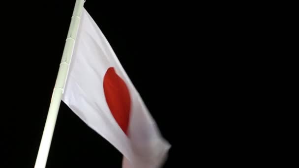 Bandera de Japón con iluminación en el viento en la noche oscura — Vídeo de stock