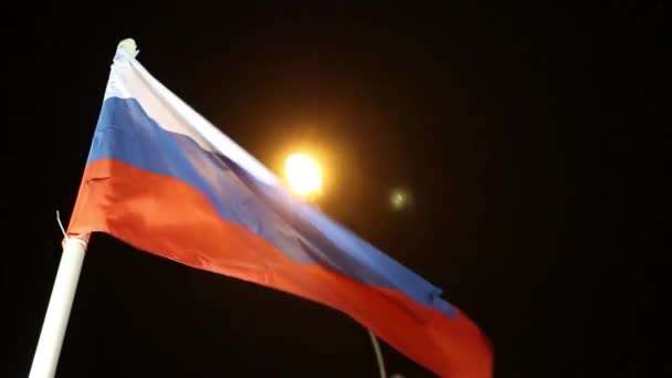 Прапори Росії з підсвіткою на вітер в темну ніч — стокове відео