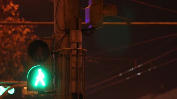 Semafor s červenými a zelenými muži a drátů v městě v noci — Stock video