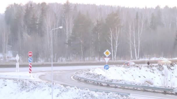 Coches en movimiento en la carretera en el bosque en invierno día nublado — Vídeos de Stock