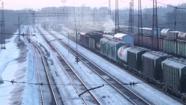 Ferrocarriles con trenes de carga en la estación en el día de invierno. Lente varifocal — Vídeo de stock