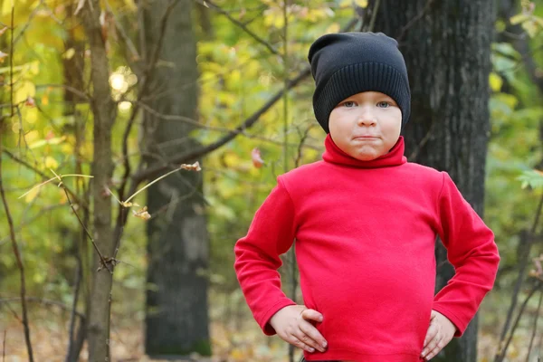 Liten gutt i rød genser og svart hatt positurer – stockfoto