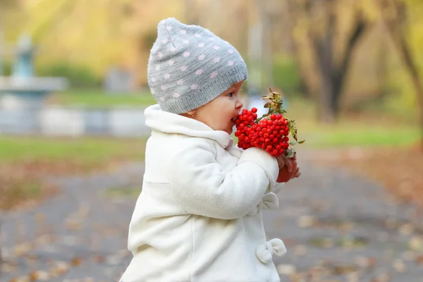 Little cute girl in white eats red rowanberry — Stock Photo, Image