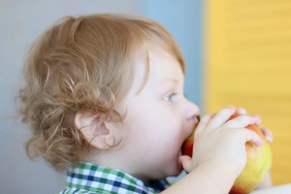 Маленький милый мальчик с вьющимися волосами кусает красное яблоко и мечтает — стоковое фото