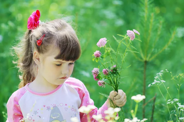 Little pretty girl holds wildflowers and looks down among grass — Stock Photo, Image