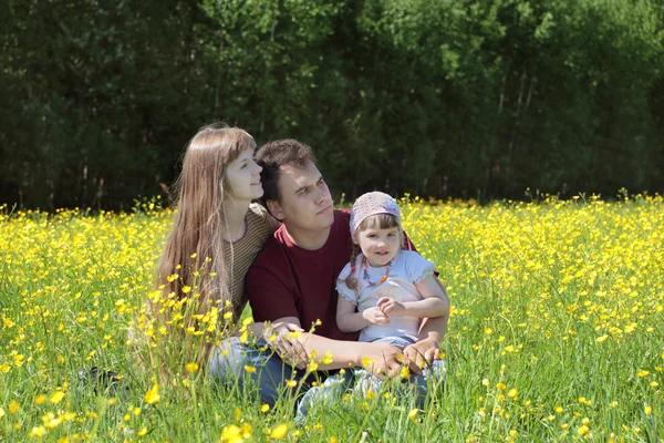 Happy woman, man and daughter sit among yellow flowers at meadow — Stock Photo, Image