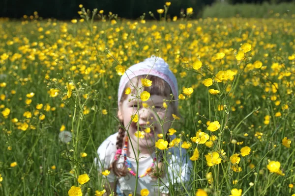 Happy little girl sits among yellow flowers at meadow at summer — Stock Photo, Image