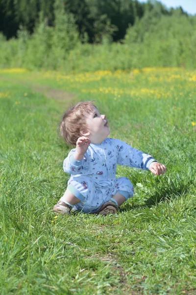 Gelukkig weinig schattige baby zit op groen gras in de buurt van bos — Stockfoto