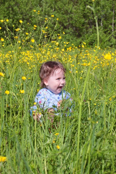 Gelukkig weinig schattige baby zit onder op groen gras in de buurt van bos — Stockfoto