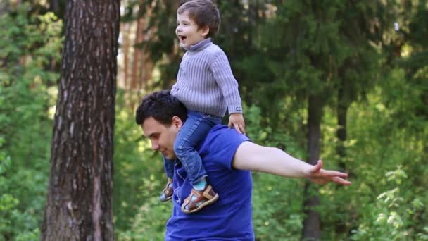 Hombre guapo juega con su hijo pequeño en el parque de verano — Vídeos de Stock