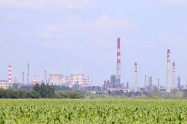 Ufukta borular ile Mısır ve petrol rafinerisi ile yeşil alan