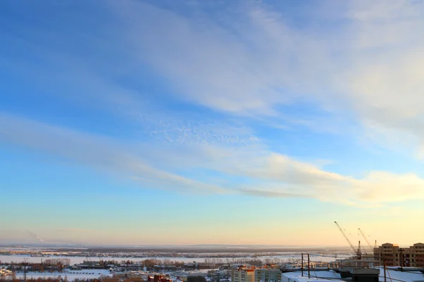 Frozen river and panoramic view, roof of tall building — Stock Photo, Image