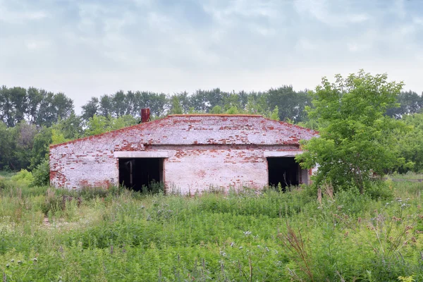 Abandonado velho hangar de tijolos entre a grama no dia nublado de verão — Fotografia de Stock