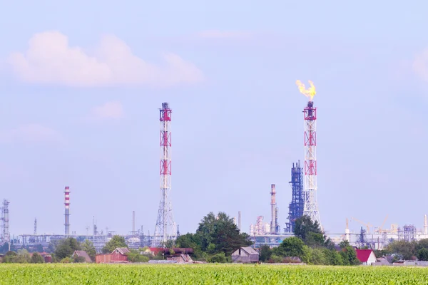 Grüne Wiese und große Ölraffinerie mit Rohren und Gasfackel — Stockfoto