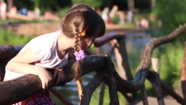 Девочка с косичками играет на деревянном мосту в парке — стоковое видео