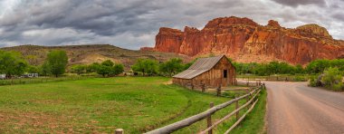 View of Fruita Barn in rocky landscape, Capitol Reef, Utah, USA