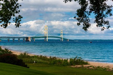 Mackinac Köprüsü bir yaz günü ağaçlarla çevrili.. 