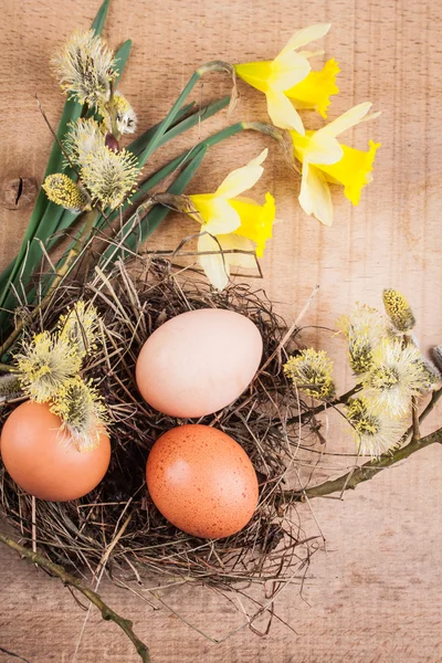 Easter eggs on the wooden table — Stock Photo, Image