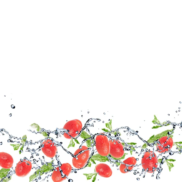 Salad with tomatoes isolated on white background and Splashing water — Stock Photo, Image