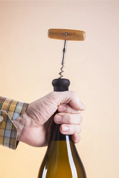 Bottle of white wine and a corkscrew for wine — Stock Photo, Image